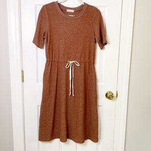 ROOLEE Rust Brown Drawstring Waist T-Shirt Midi Dress Pockets